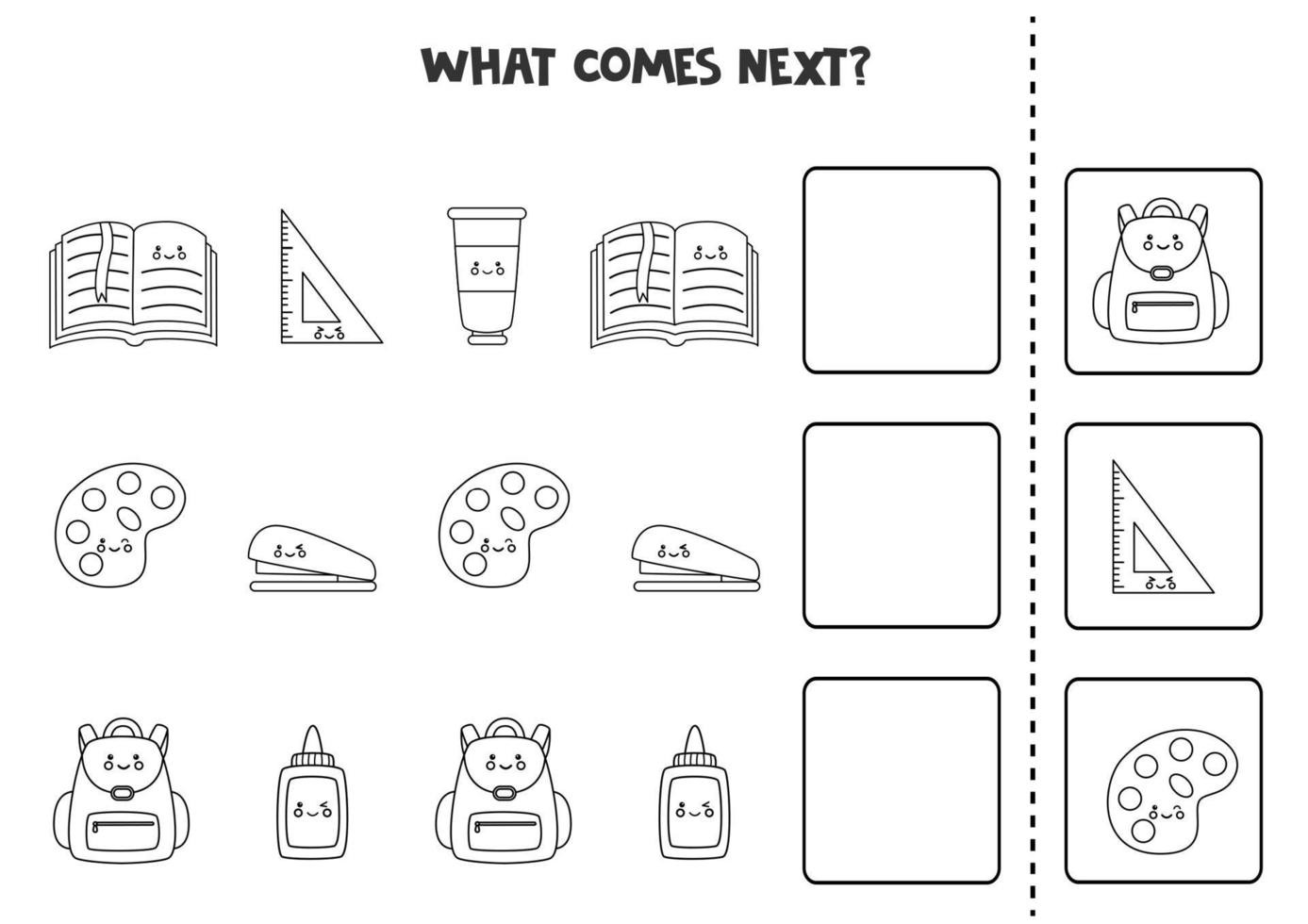 What comes next game with black and white school supplies. vector