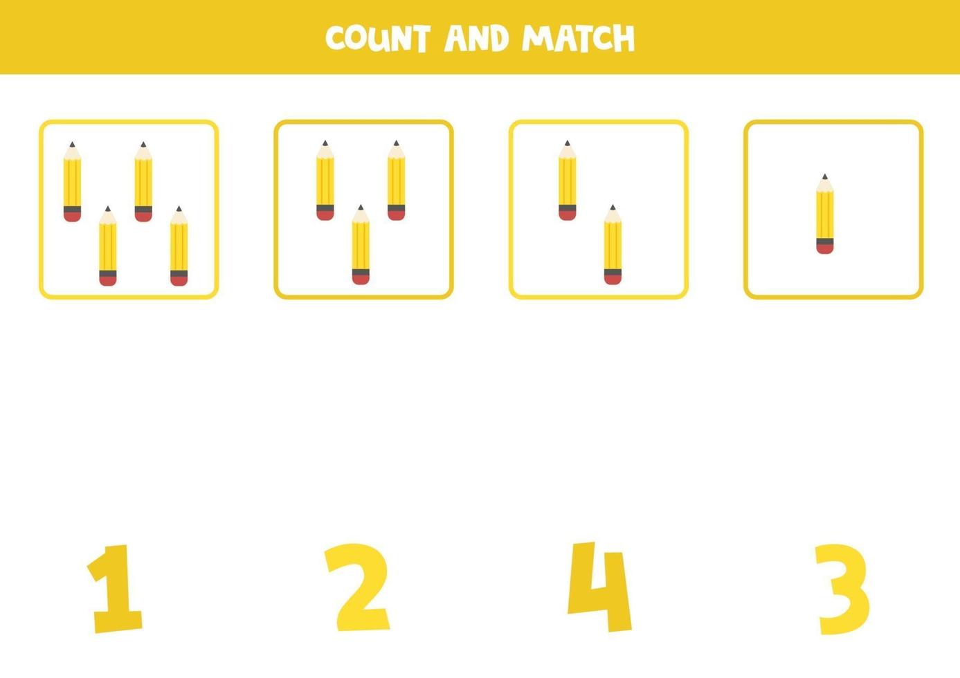 Counting game with cute pencils. Math worksheet. vector