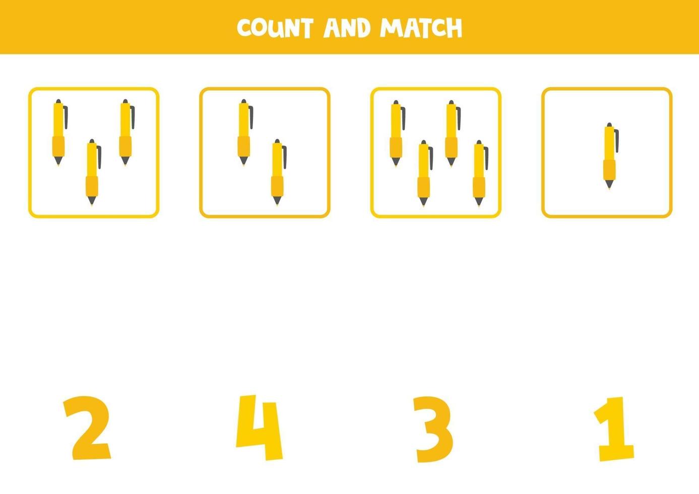 Counting game with cute writing pens. Math worksheet. vector