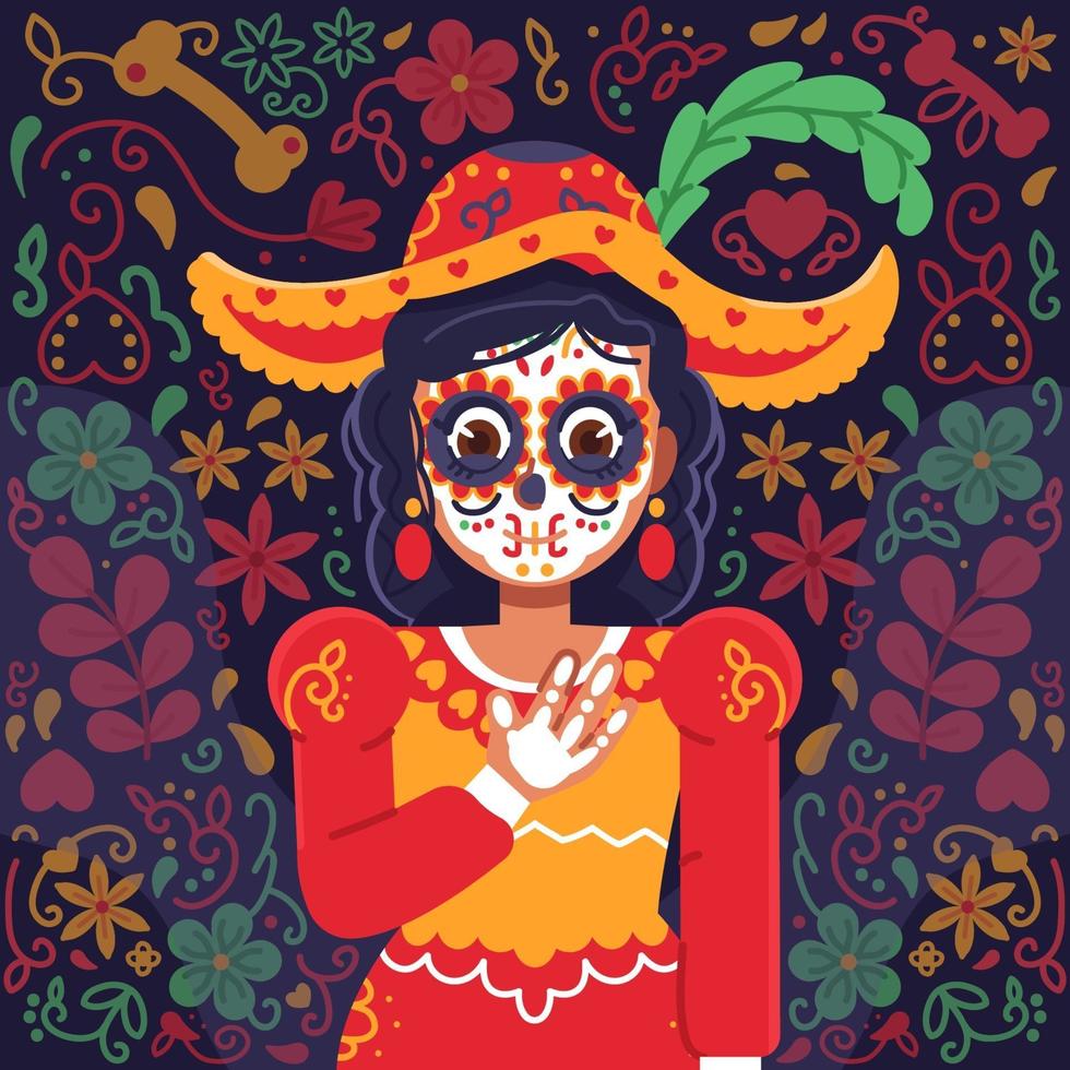 dama mexicana con maquillaje dia de muertos vector