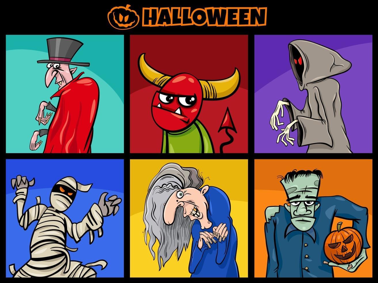 conjunto de personajes divertidos de dibujos animados de vacaciones de halloween vector