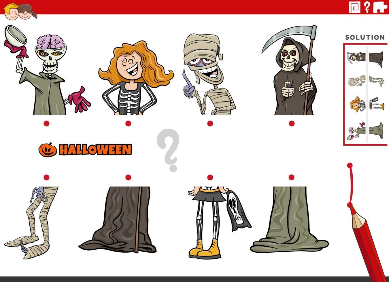 emparejar mitades de imágenes con personajes de halloween vector