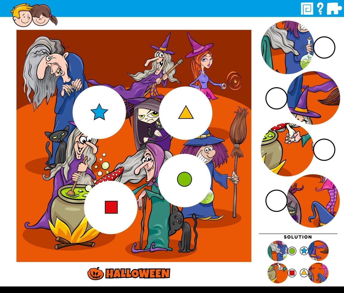 match pieces game for kids with cartoon witch characters vector