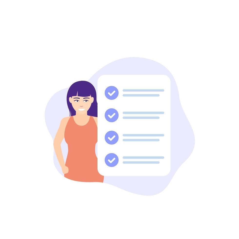 completed task, to do list, checklist vector icon with woman