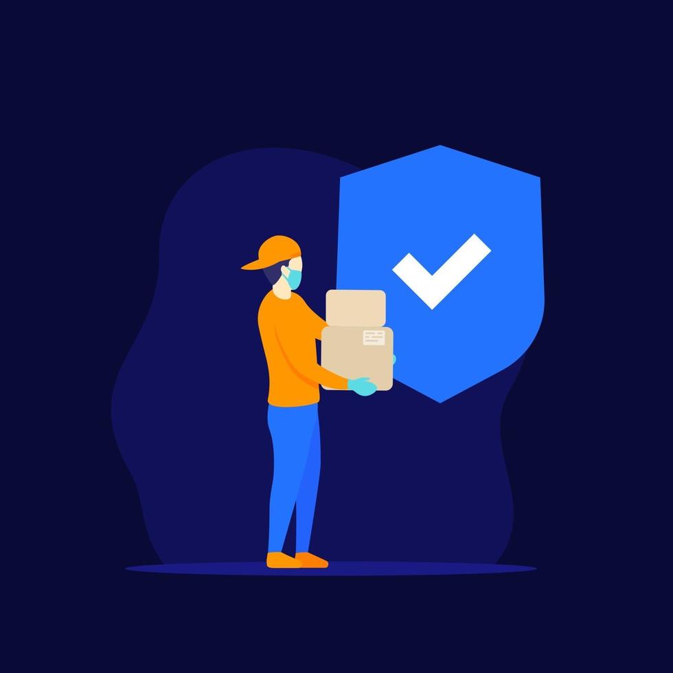 safe delivery, courier in mask holding boxes, vector