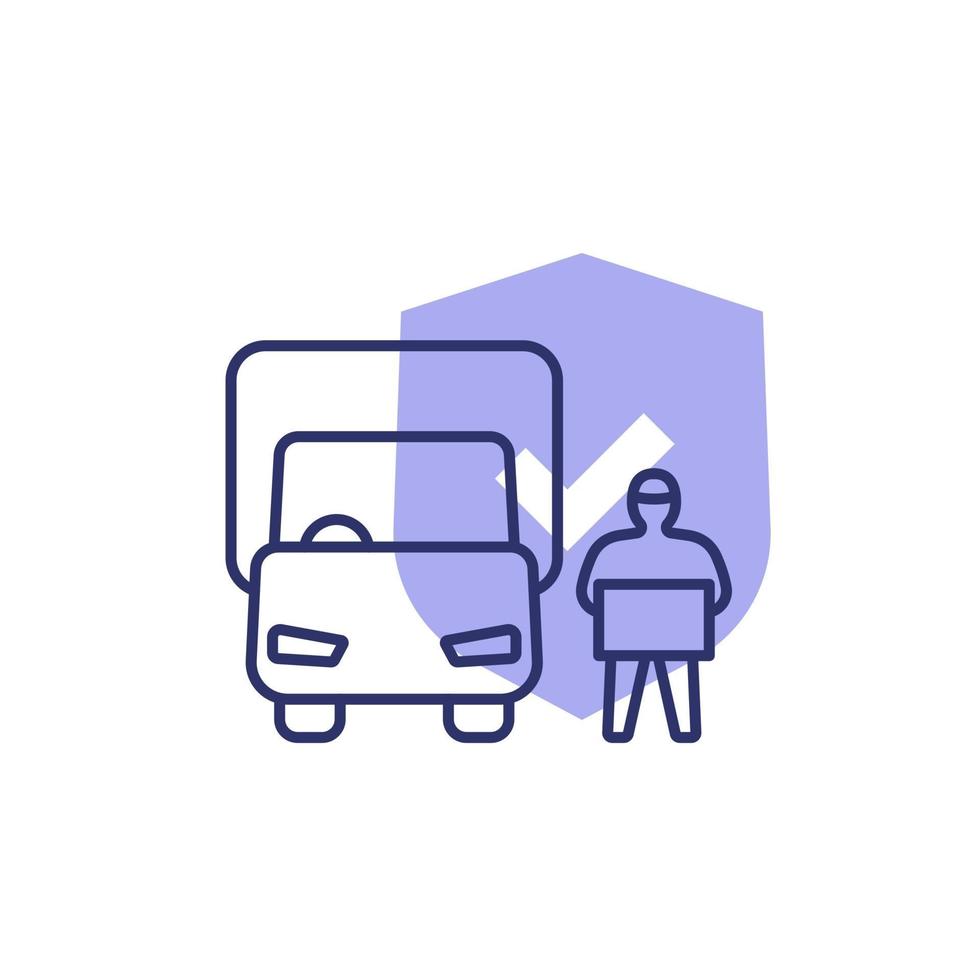 safe delivery line icon, van and worker with box and shield vector
