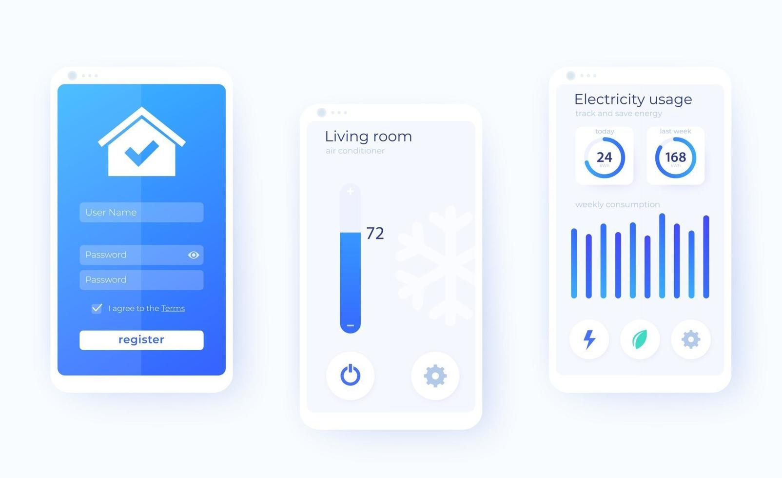 Smart house app mobile ui kit, smart home application design, vector