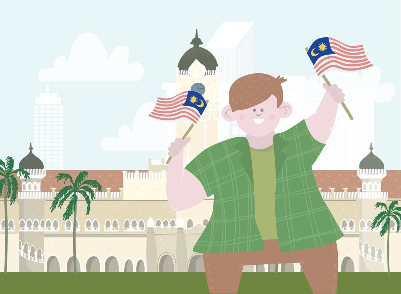 Man holding a Malaysia flag in Merdeka square, Kuala Lumpur, Malaysia. vector