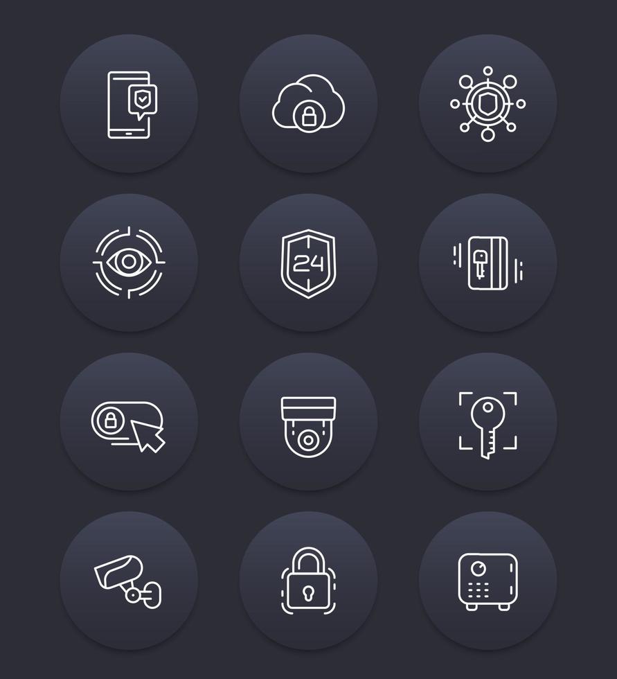 Security, video surveillance, biometric scan, secure data line icons vector