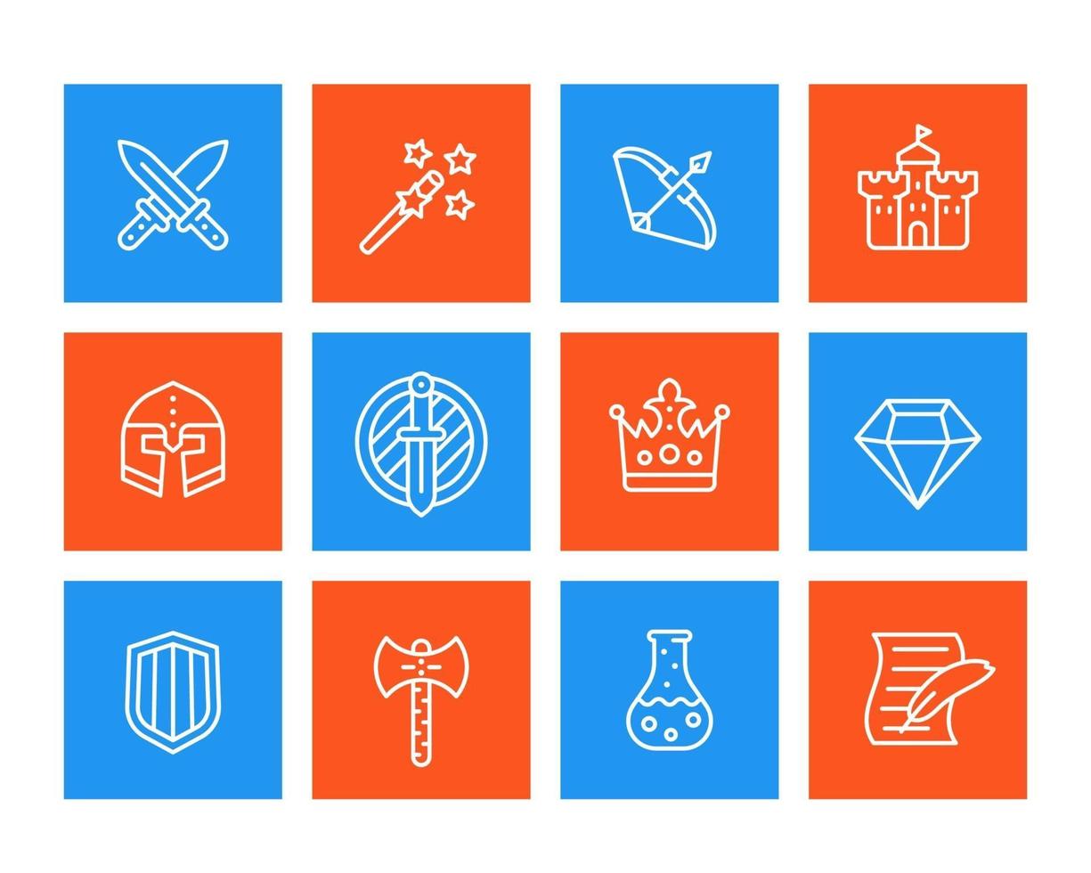 Game icons set, swords, magic wand, bow, fortress, helmet, shield vector