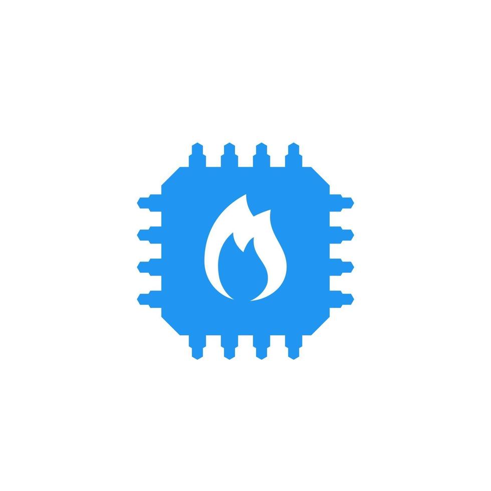 CPU overheat, chipset with flame icon vector