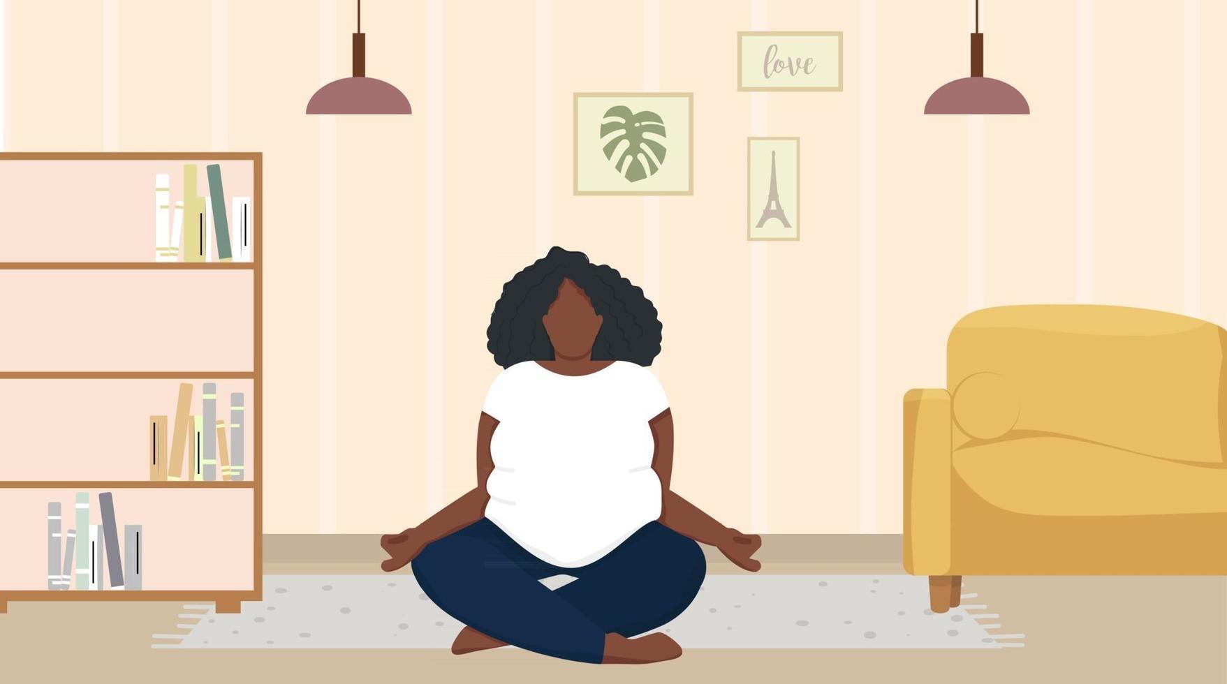 African woman meditating in lotus pose.Black woman yoga at home vector