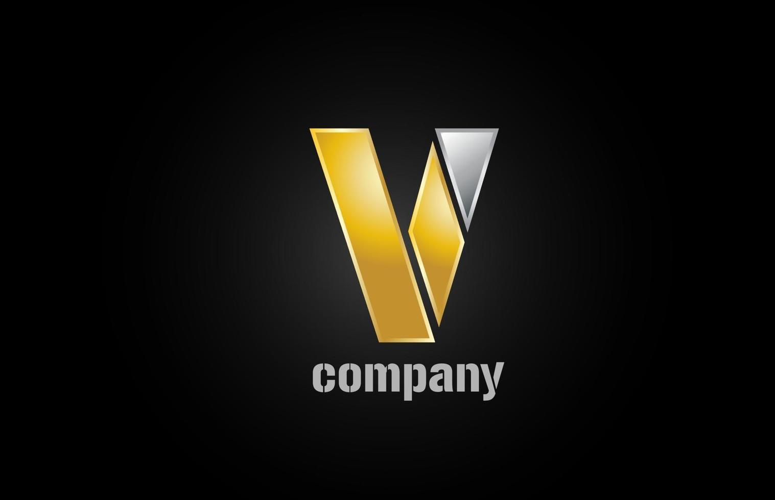 Logotipo de metal plateado dorado v icono de diseño de letra del alfabeto para empresa vector