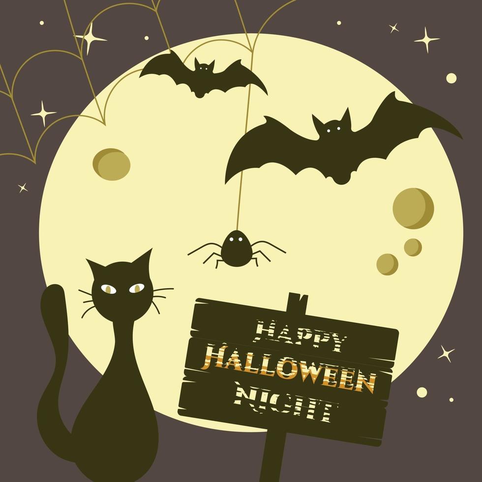 Banner de feliz noche de halloween con luna, murciélagos, web y gato negro mágico vector