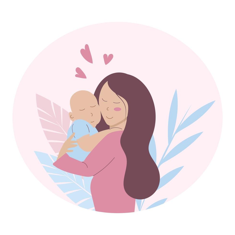 A young happy woman holds a baby in her arms on circle. Mother day vector