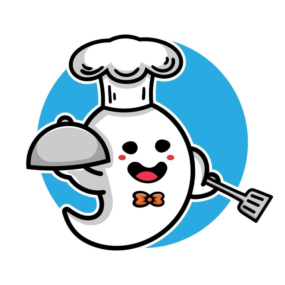 Cute chef ghost cartoon illustration. Halloween vector concept.