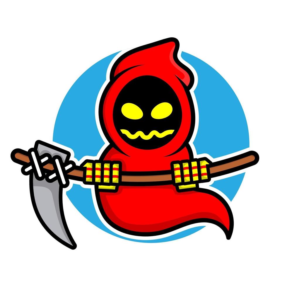 Cute grim reaper holding scythe cartoon illustration. vector