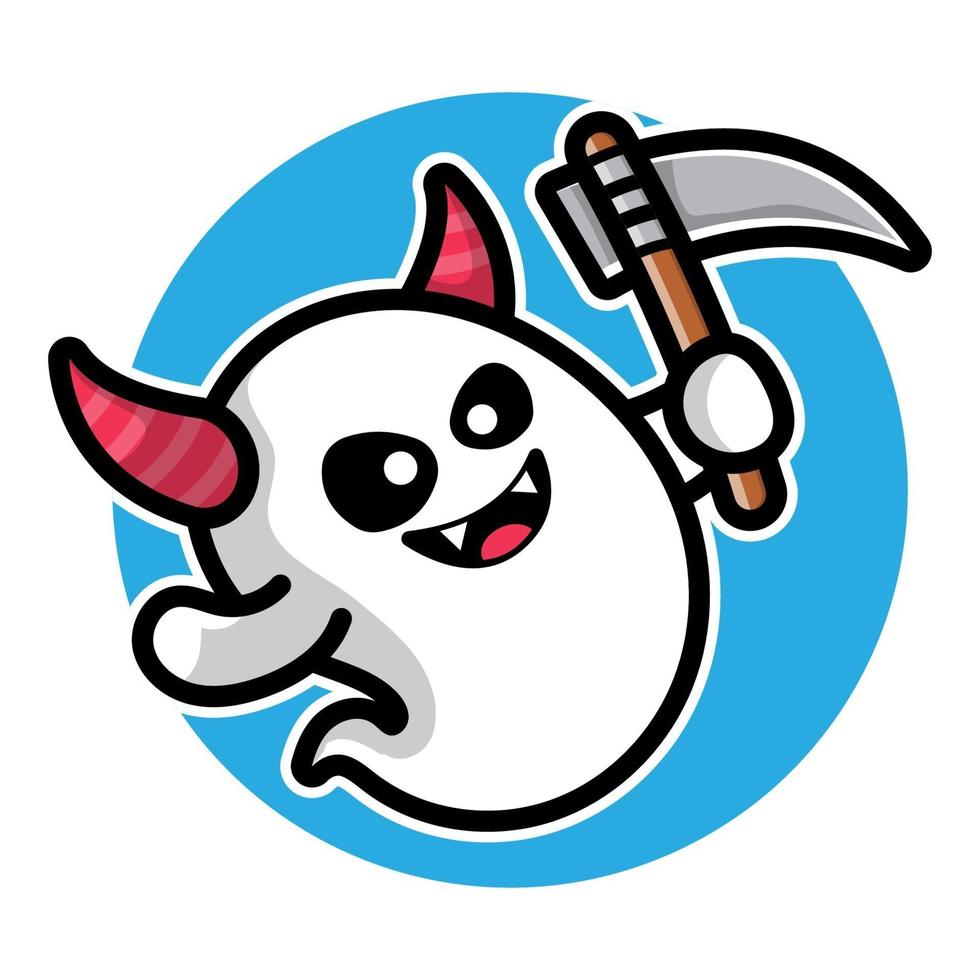 Cute ghost holding scythe cartoon illustration. vector