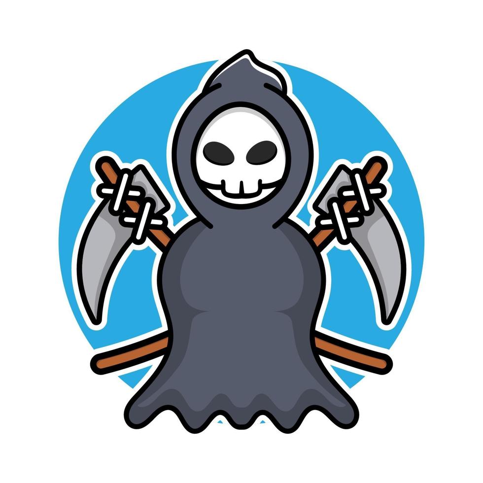 cute grim reaper holding scythe cartoon illustration. vector