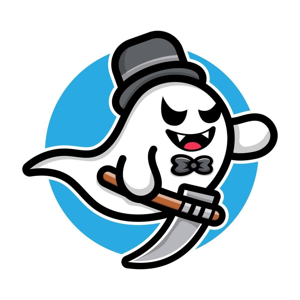 Cute ghost holding scythe cartoon illustration. vector