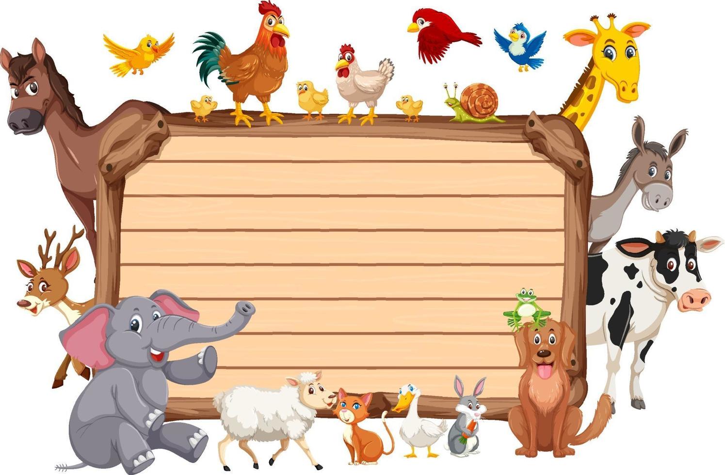 Empty wooden board with various wild animals vector