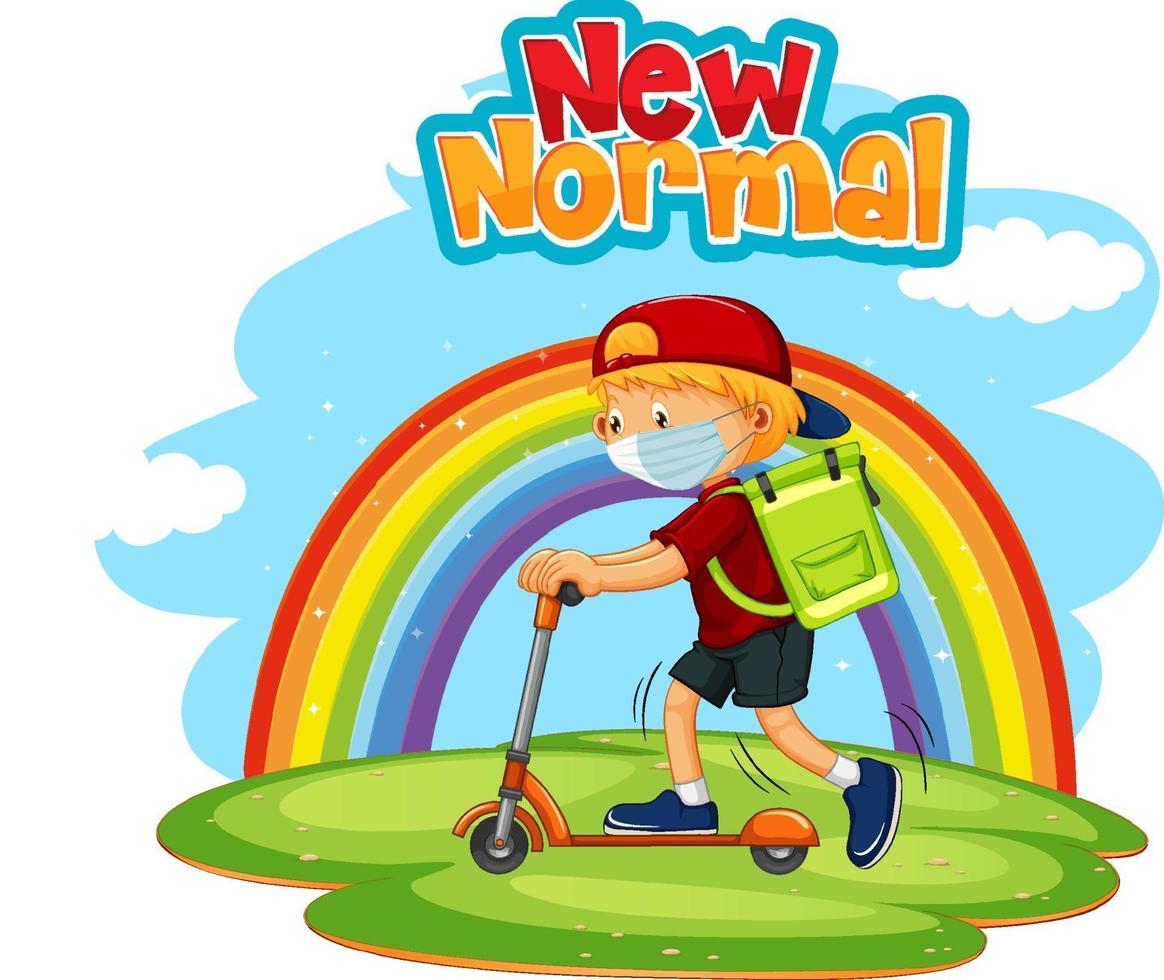 nueva normalidad con un niño con máscara y montando scooter vector