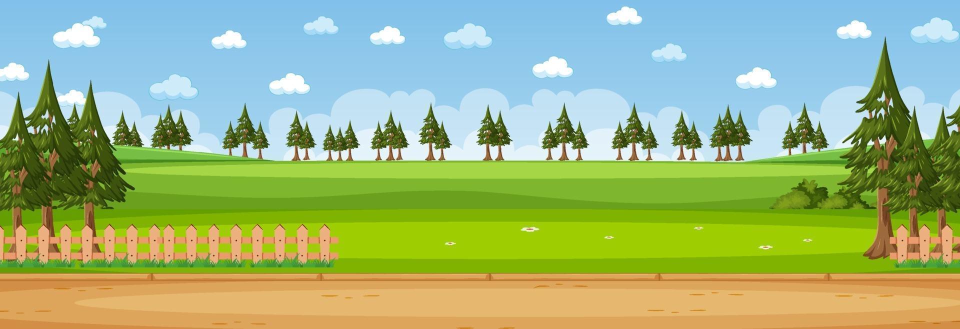 Escena horizontal de paisaje en blanco durante el día con muchos pinos vector