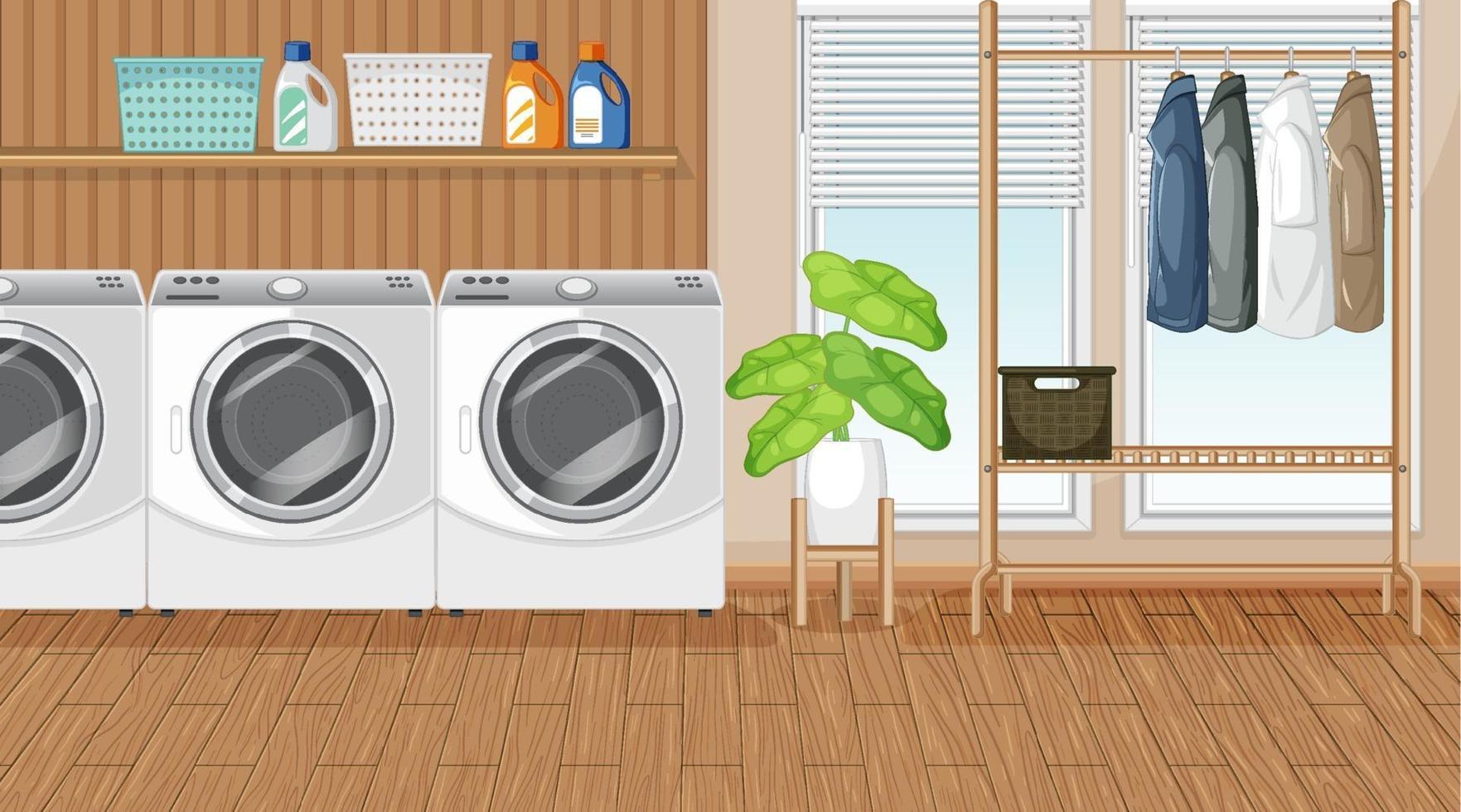 Escena de lavandería con lavadora y perchero. vector