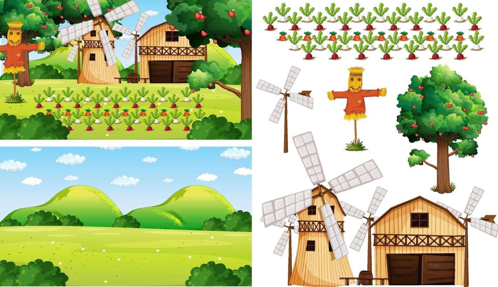 Farm element set isolated with farm scence vector