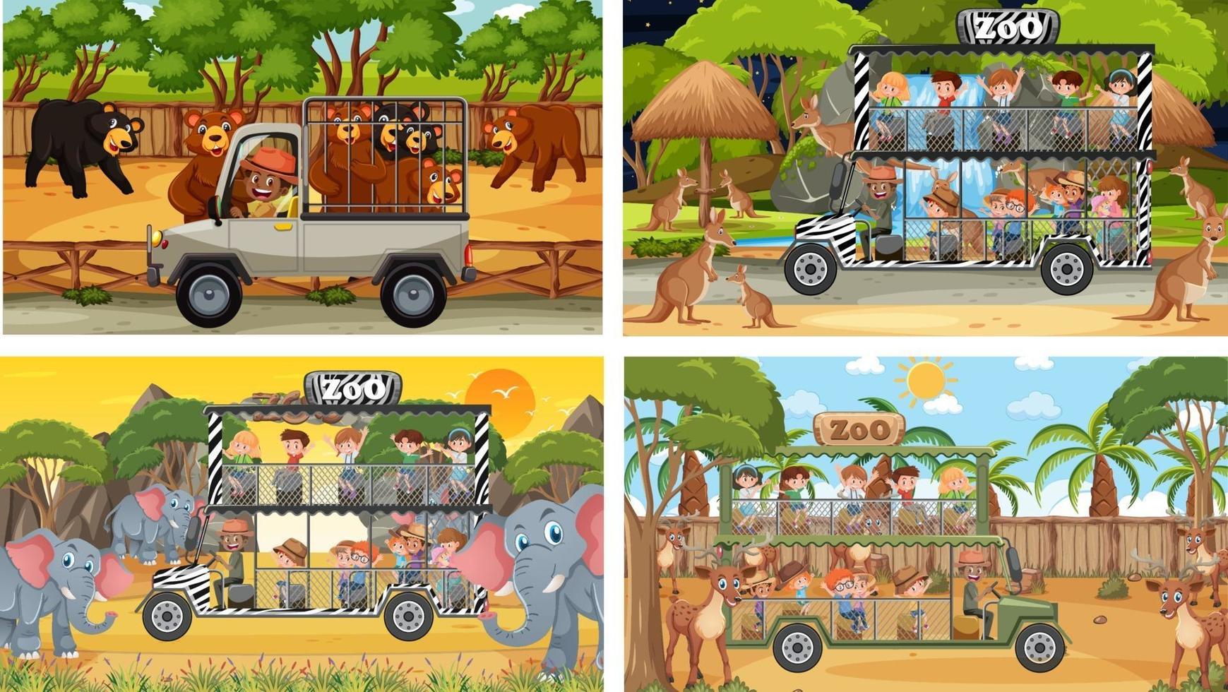 Conjunto de diferentes animales en escenas de safari con niños. vector