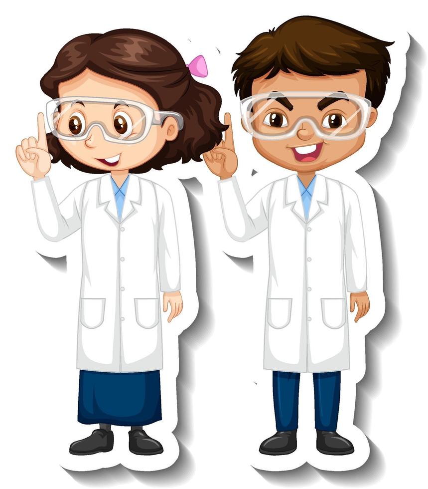 Pegatina de personaje de dibujos animados con una pareja de científicos en bata de ciencia vector