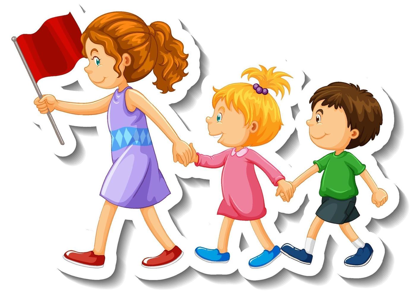 Plantilla de pegatina con un maestro y niños caminando en línea. vector