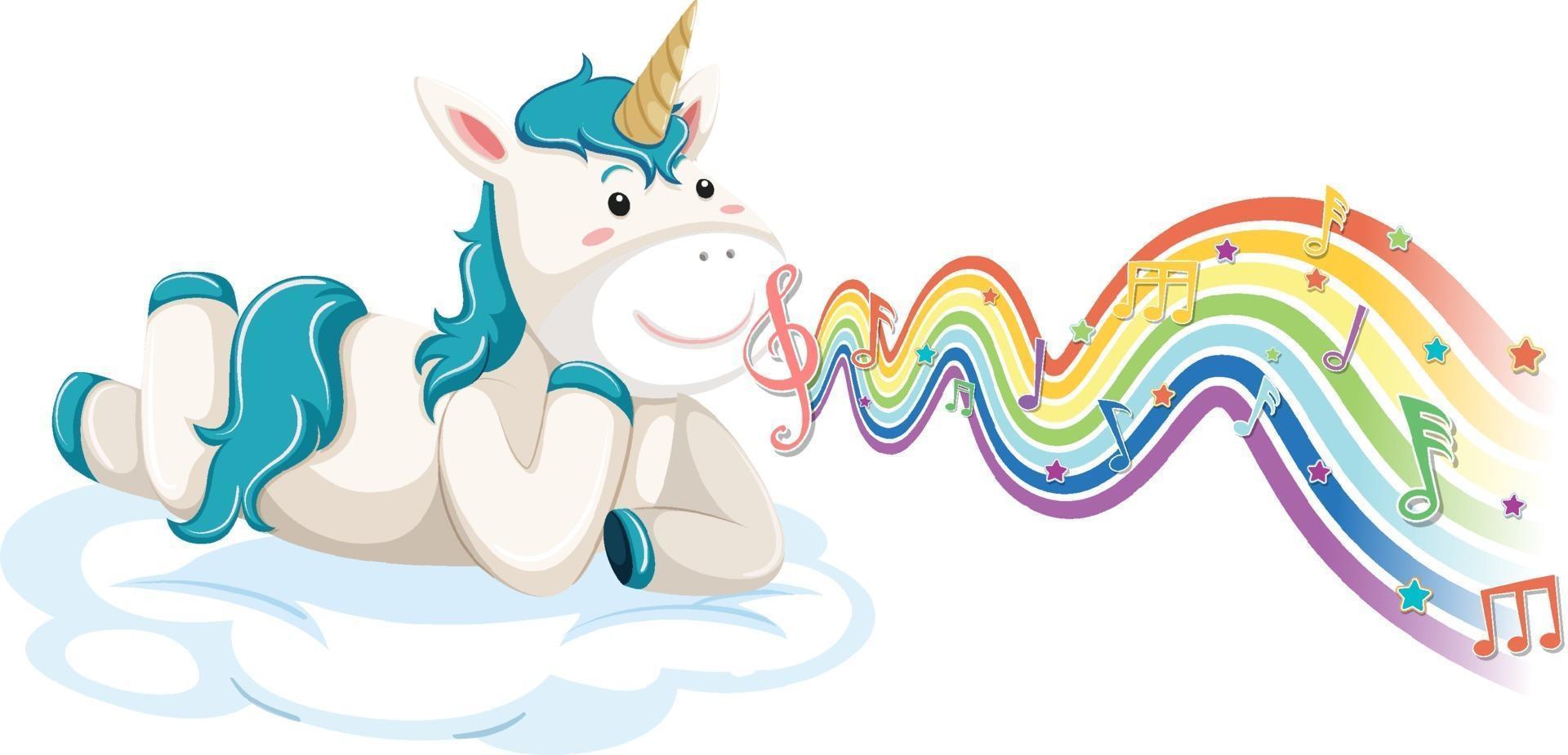 unicornio acostado en la nube con símbolos de melodía en la onda del arco iris vector