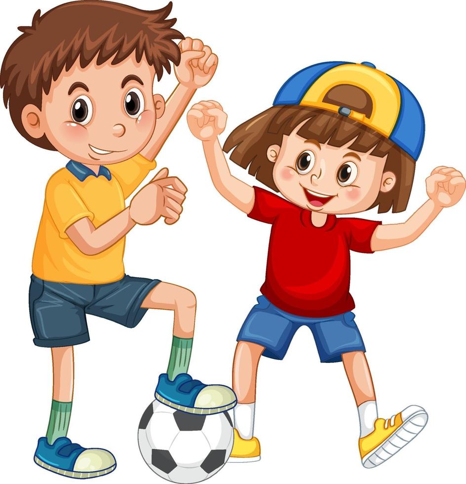 dos niños jugando al fútbol personaje de dibujos animados vector