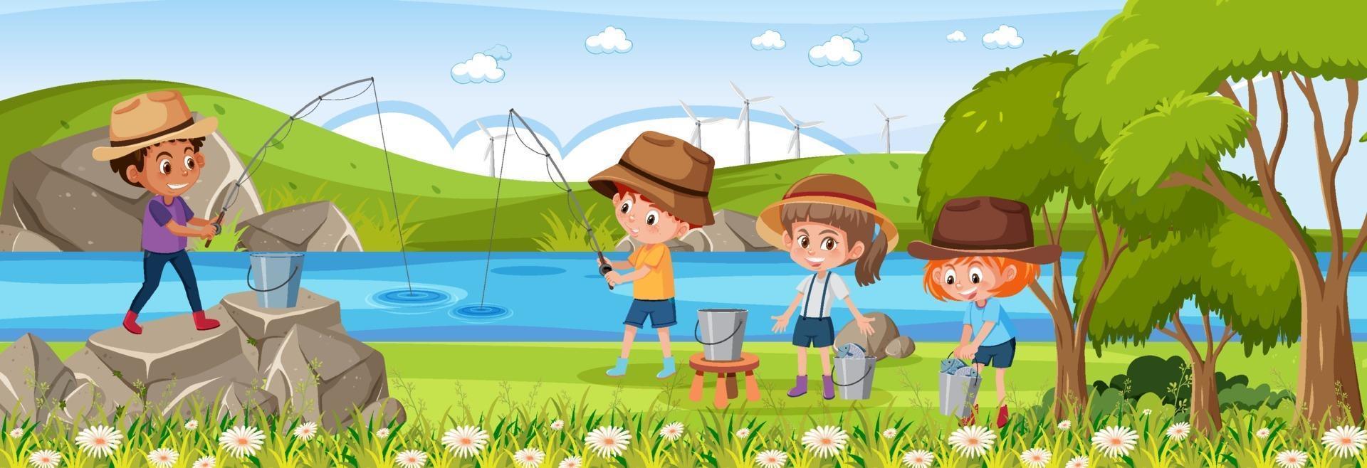 Outdoor horizontal scene with many kids fishing in the park vector