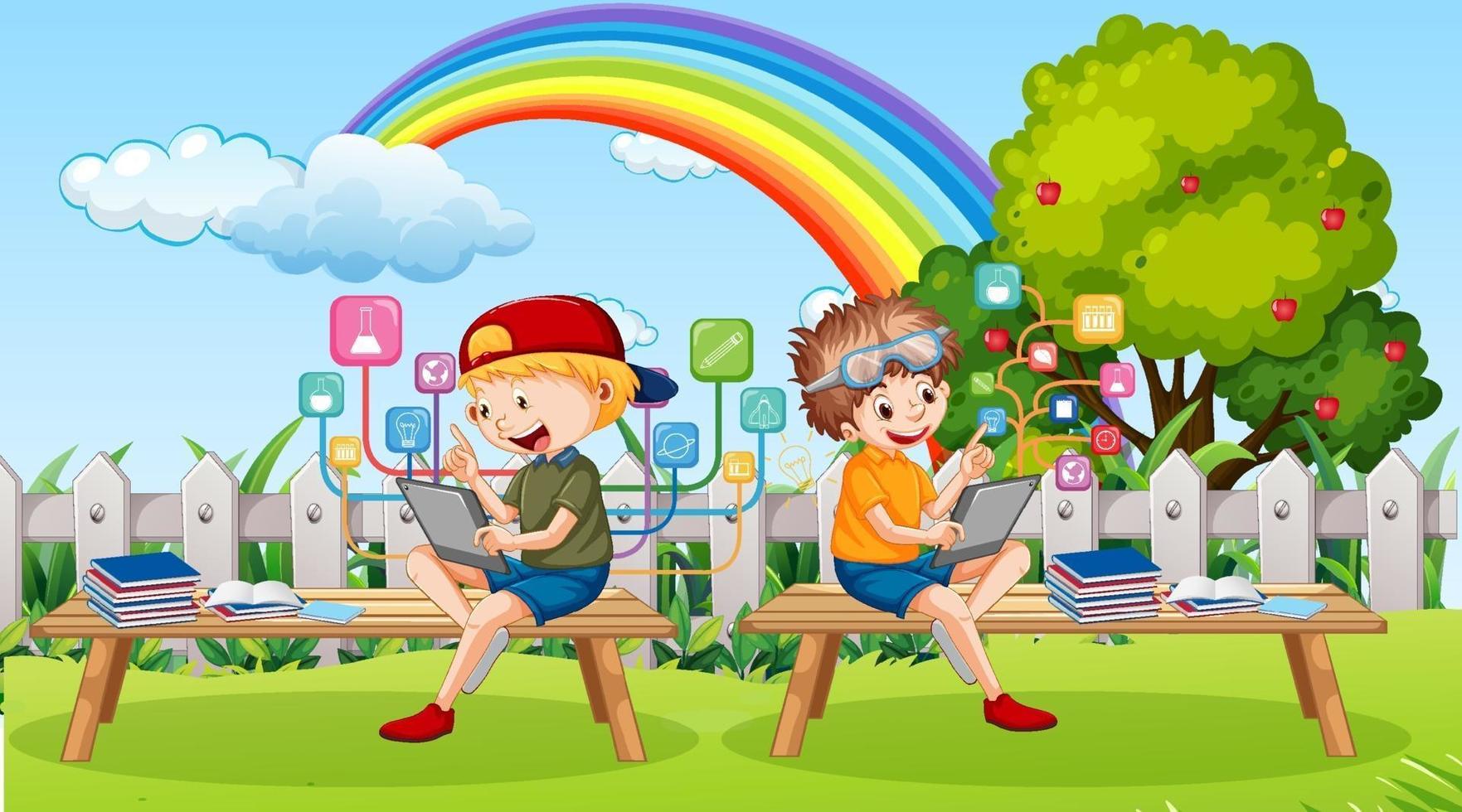 Kids leaning online with tablet in the park vector