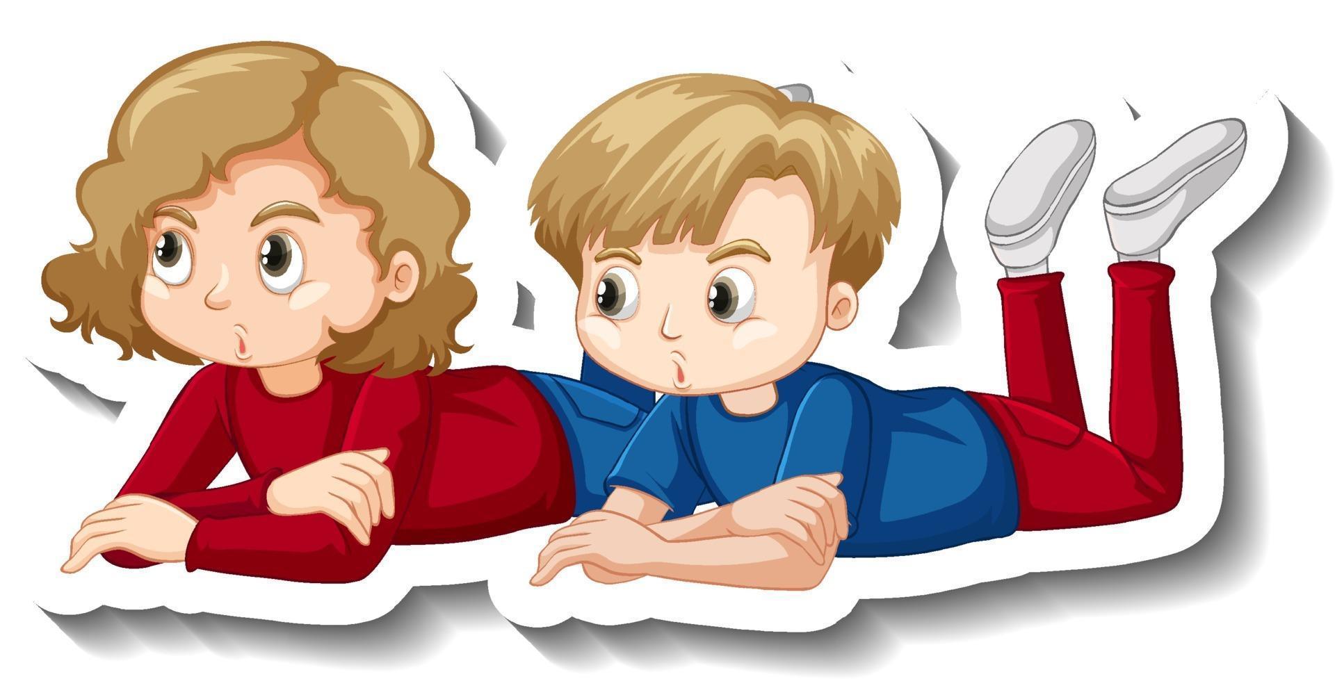 Couple children laying down cartoon character sticker vector
