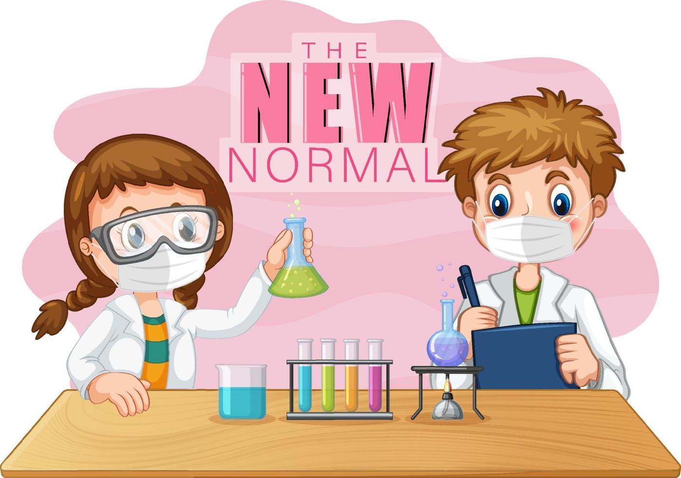 The New Normal with two scientist kids wearing face masks vector