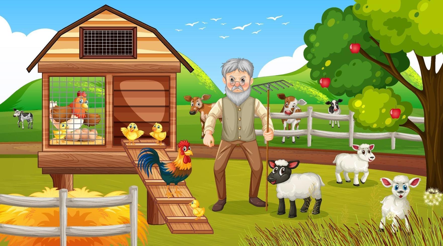 Farm at daytime scene with old farmer man and farm animals vector