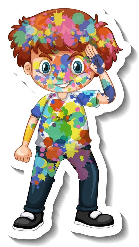 Happy boy with colour on his body sticker on white background vector