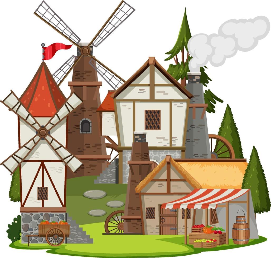 Ancient medieval village on white background vector