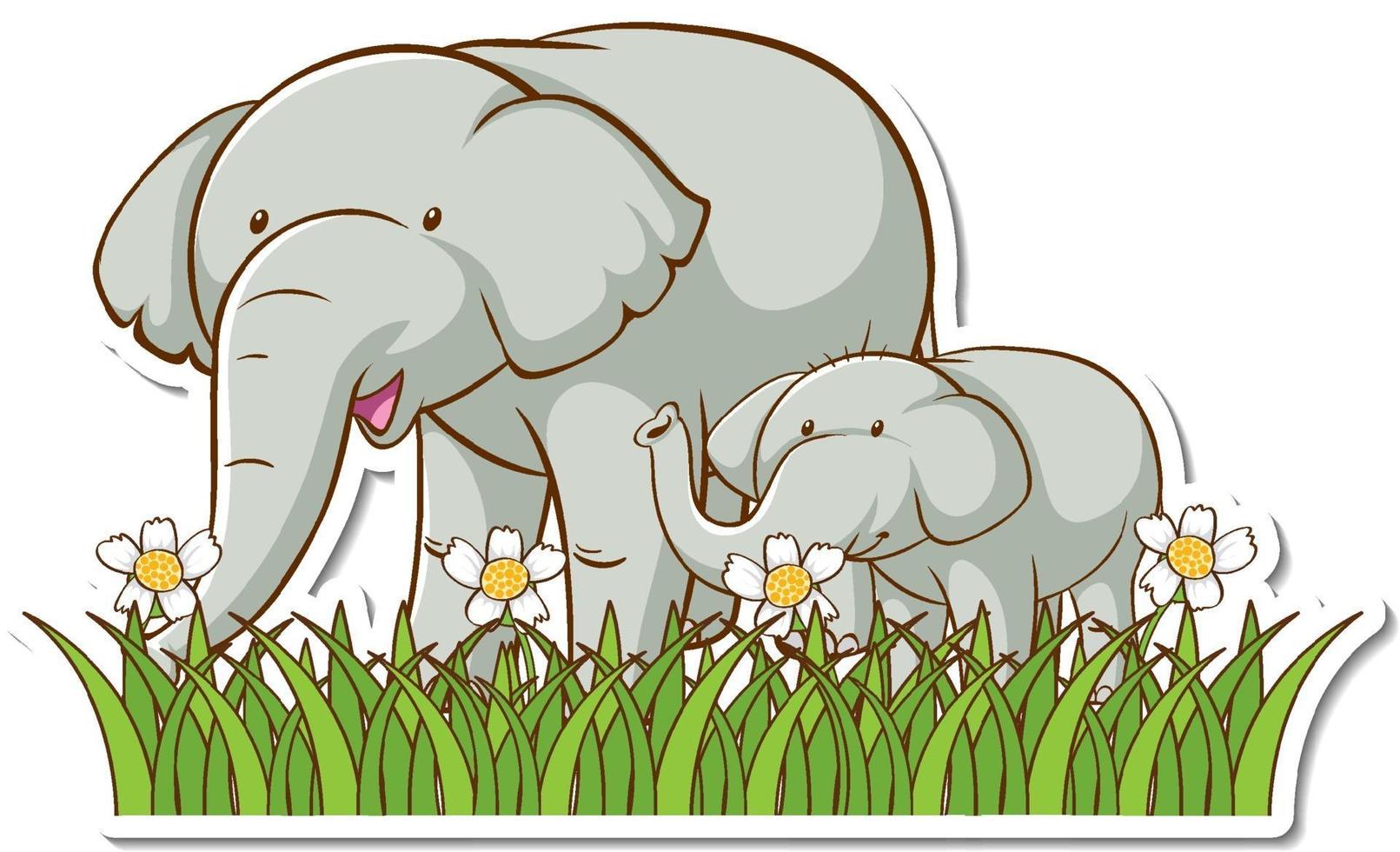 Elphant mom and baby standing in grass field sticker vector