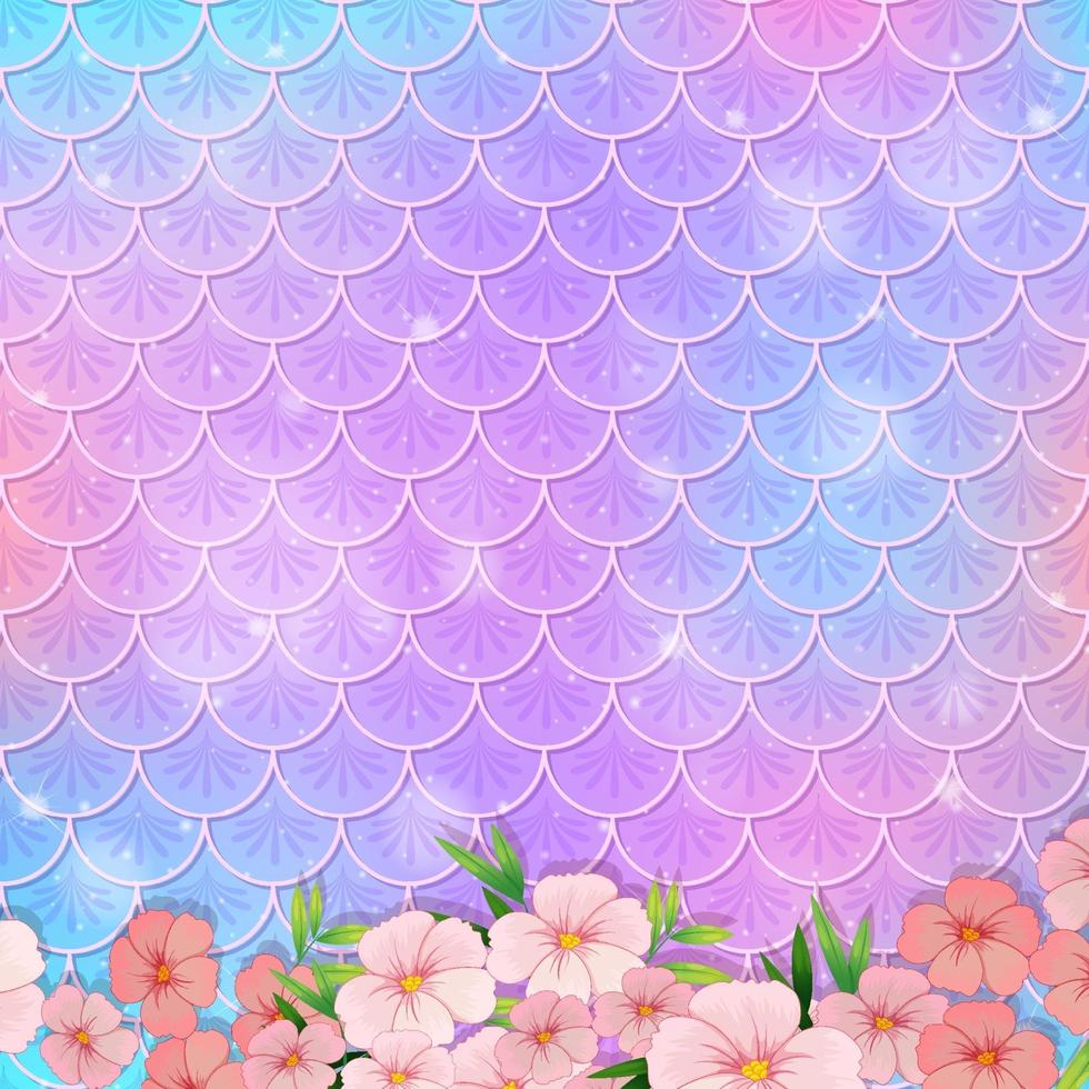 Pastel mermaid scale pattern with many flowers vector