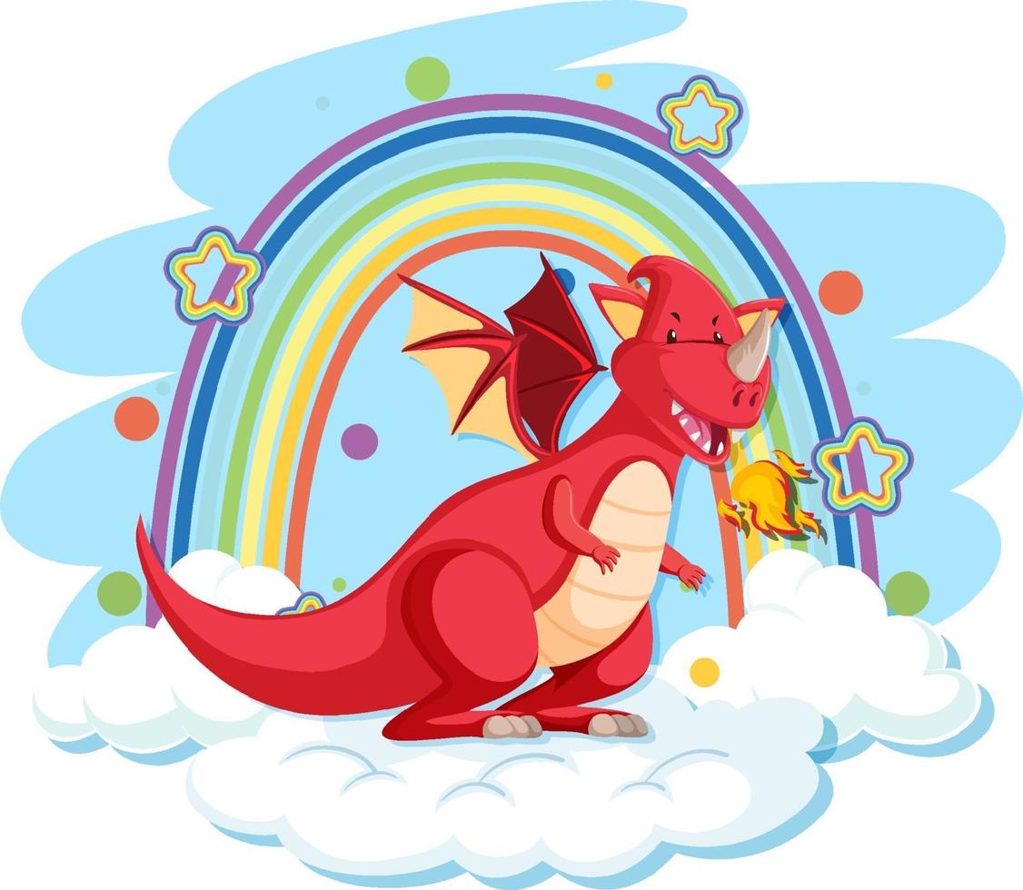 lindo dragón rojo en la nube con arco iris vector