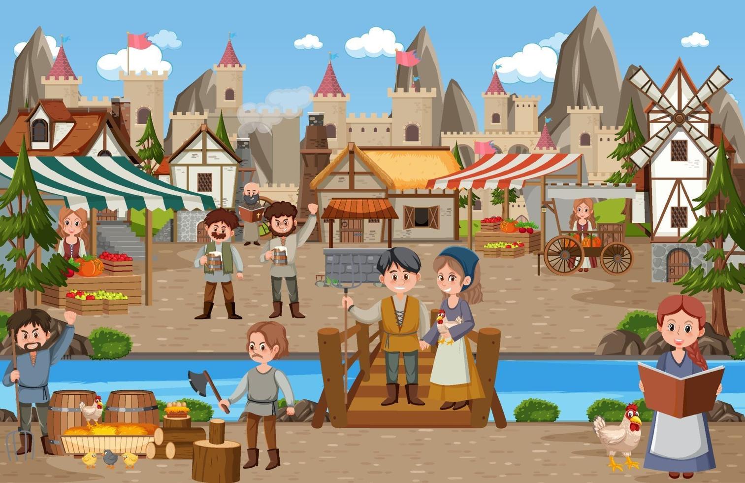 Medieval town scene with villagers at the market vector