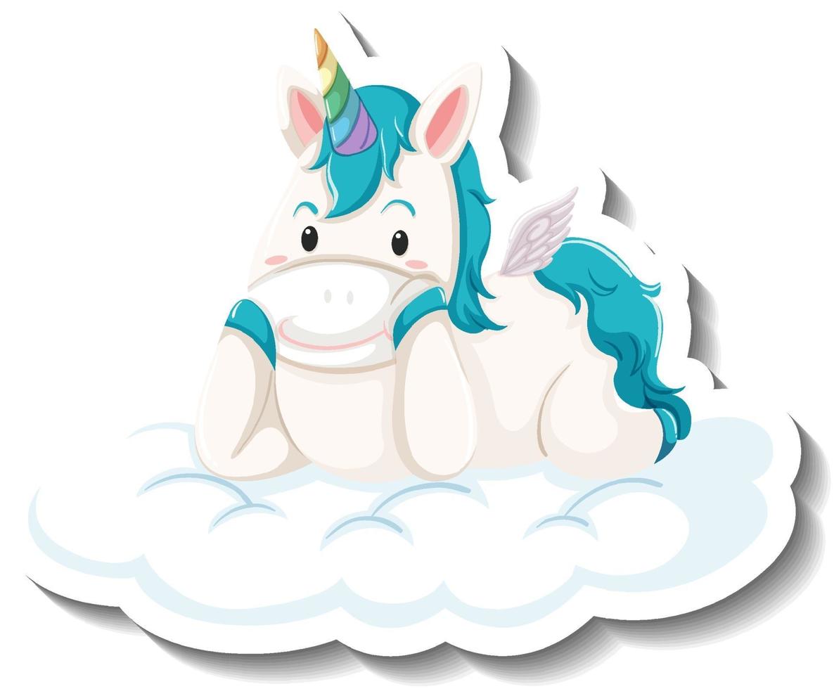 Lindo unicornio tendido en la nube sobre fondo blanco. vector