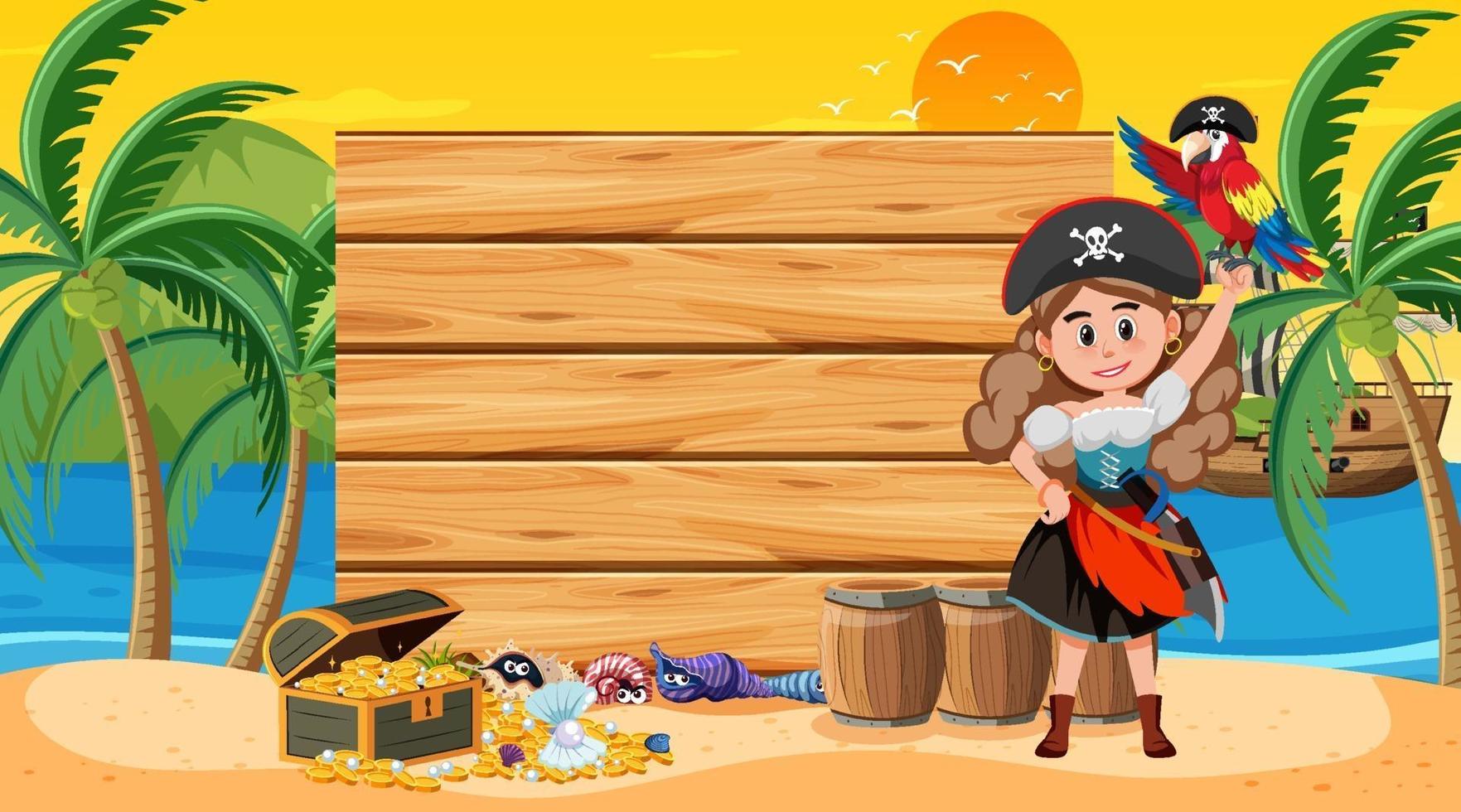 Empty wooden banner with pirate woman at the beach sunset scene vector