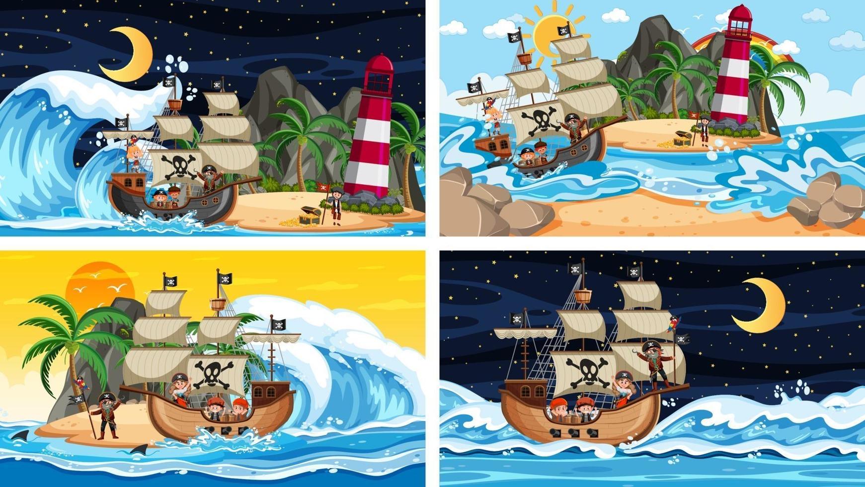 Diferentes escenas de playa con barco pirata y personaje de dibujos animados pirata. vector