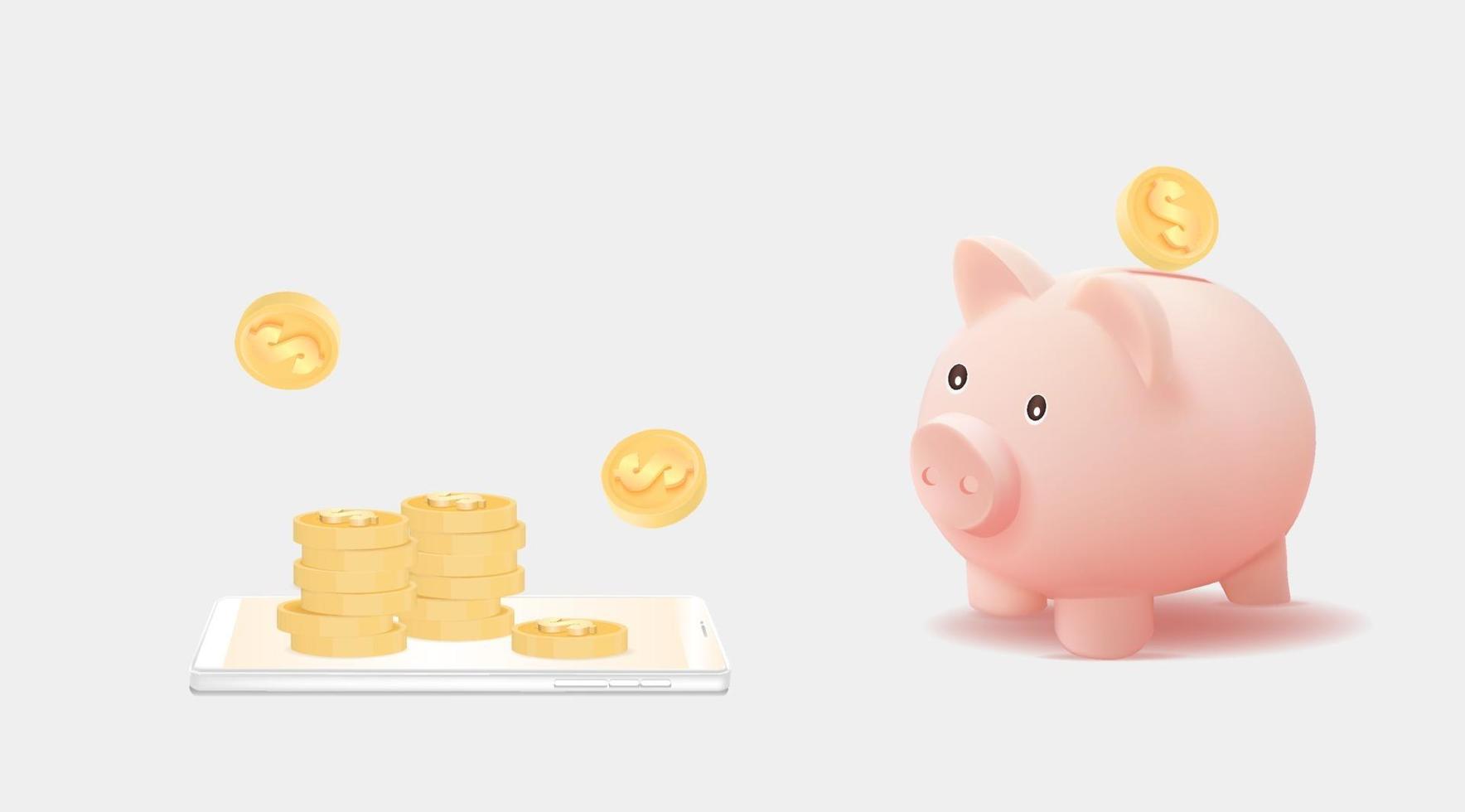 3d piggy bank with pile of coins on smartphone. vector