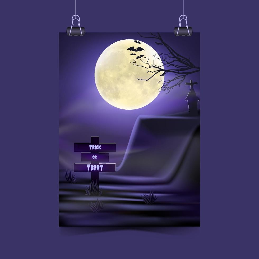 Invitación de fiesta de Halloween con concepto de niebla espeluznante bajo la luz de la luna. vector